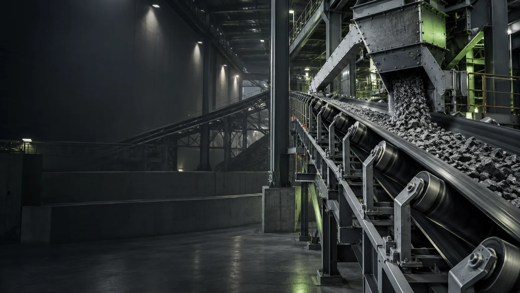 Concept visualization of a bulk material conveyor inside an industrial facility