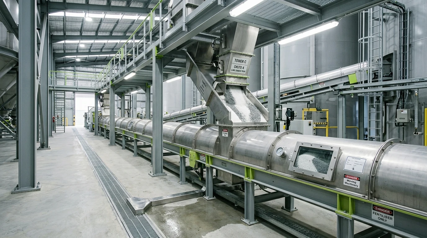 Enclosed stainless steel fertiliser bulk conveying gallery and wash-down system